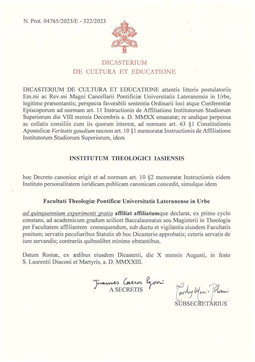 Decretul de reînnoire a afilierii Institutului Teologic Romano-Catolic din Iași la Universitatea Pontificală Lateranense